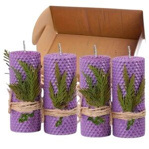 Beeswax Candles Set of Four Light Purple Honeycomb Textured Pillar Candles NEW